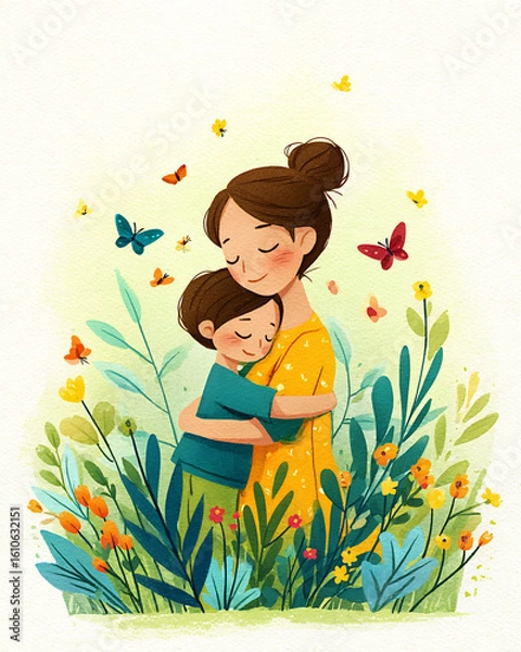 Fototapeta watercolor mother hugging child with butterflies and flowers