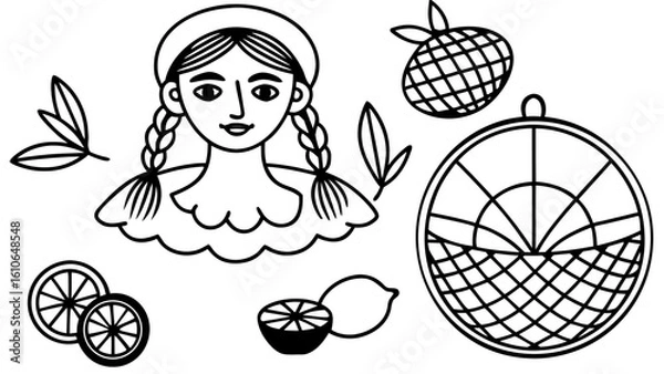 Fototapeta Stylized black and white illustration of a woman with braided hair surrounded by citrus fruits and leaves