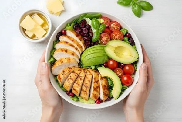 Fototapeta Overhead shot of chicken salad with avocado and tomatoes