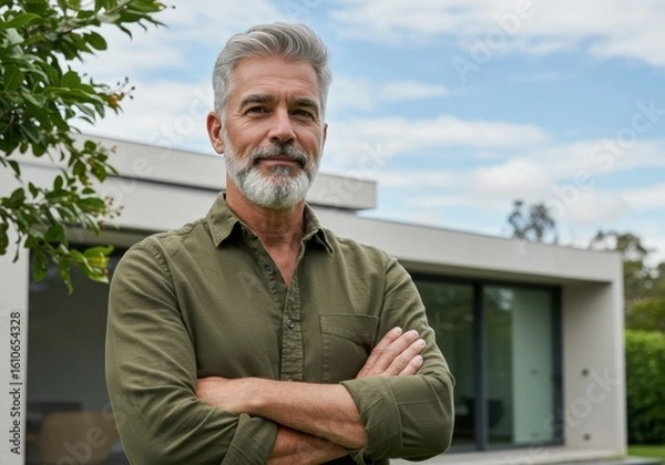 Fototapeta A handsome and confident senior man with grey hair and a beard stands outdoors with his arms crossed in front of a modern house