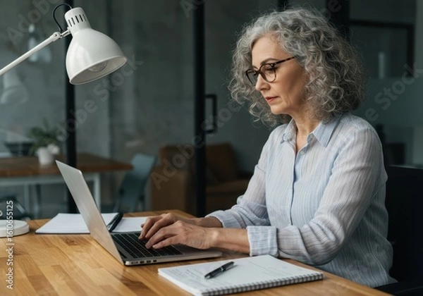 Fototapeta A focused senior woman with gray curly hair and glasses types on her laptop at a wooden desk in a modern office setting
