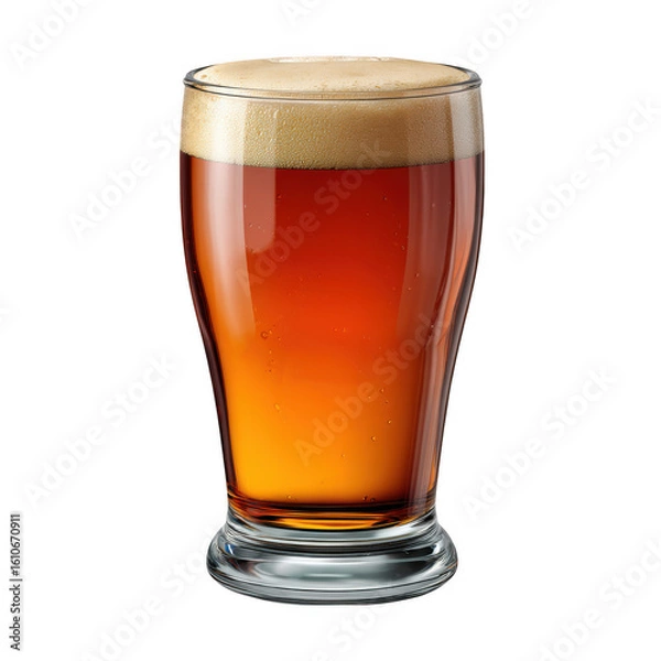 Fototapeta A full glass of amber beer with a thick head of foam isolated on transparent background