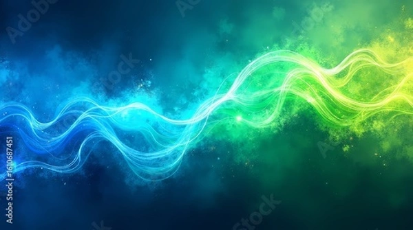 Fototapeta Neon Green Lightning Wave on Dark Canvas