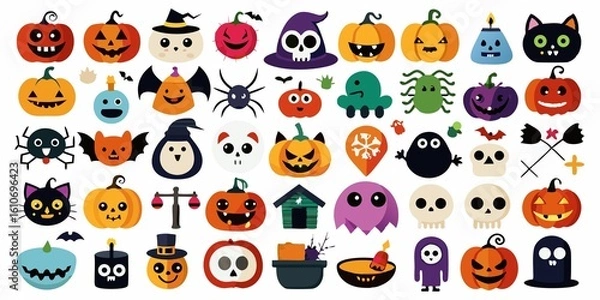 Fototapeta A vibrant collection of cute and spooky halloween characters, featuring pumpkins, ghosts, witches, bats, spiders, skulls, and black cats, perfect for festive designs and decorations
