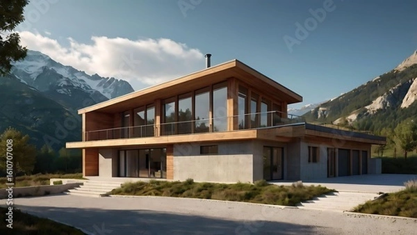 Fototapeta Mountain Retreat House with Large Deck