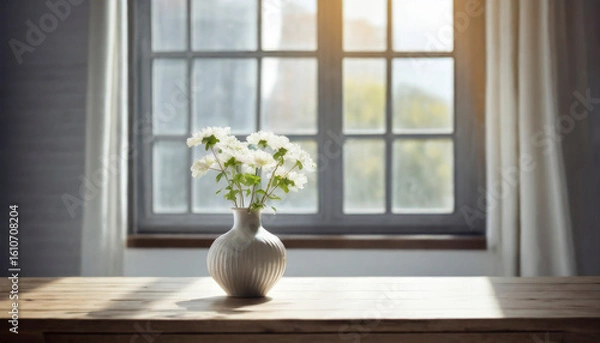 Fototapeta flowers in a vase on a table with window in a room, ki, ai generated