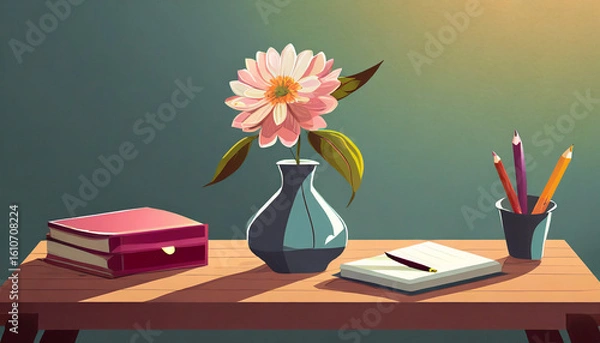 Fototapeta pink flowers in a vase on a table with books, pens and a notebook in  a room, ki, ai generated, back to school