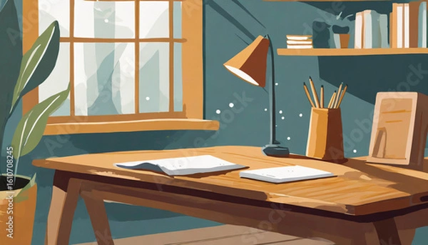 Fototapeta table witch book, lamp and accessories, like pens,
interior of a room with a window, illustration, ki, ai