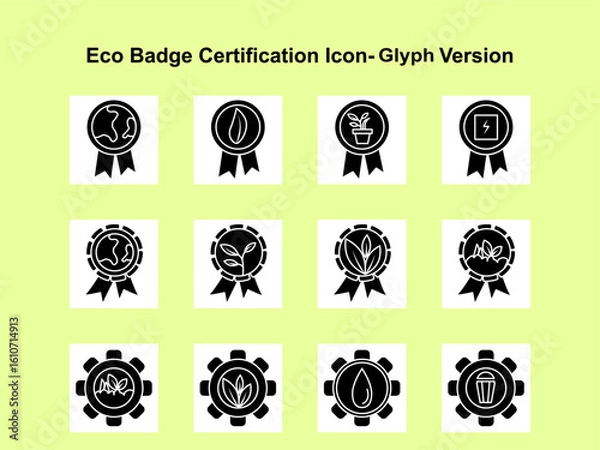 Fototapeta Solid eco badge icons for certifications, green product labels, and sustainability branding. Ideal for packaging, apps, or infographics. Vector format, fully editable.