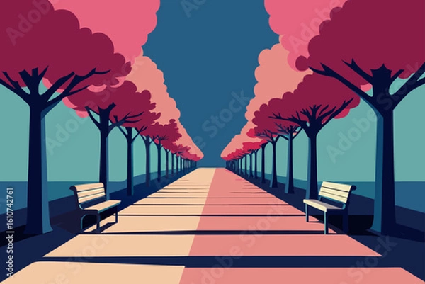 Obraz Serene park pathway lined with pink trees and benches