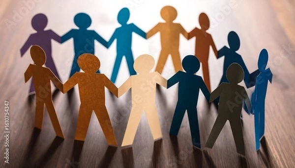 Obraz Diverse paper chain of people figures on wood