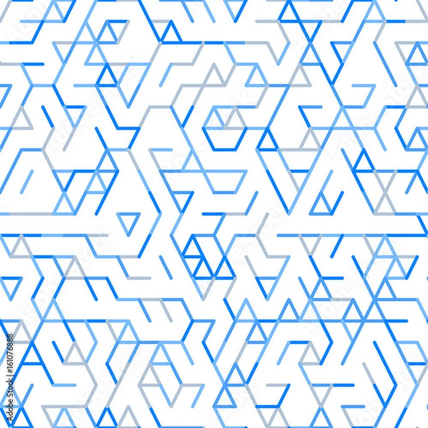 Obraz Geometric random lines pattern. Abstract technology background with blue and grey geometric shapes in tessellation on white. Linear abstract lattice, random coloring. Vector seamless linear pattern.
