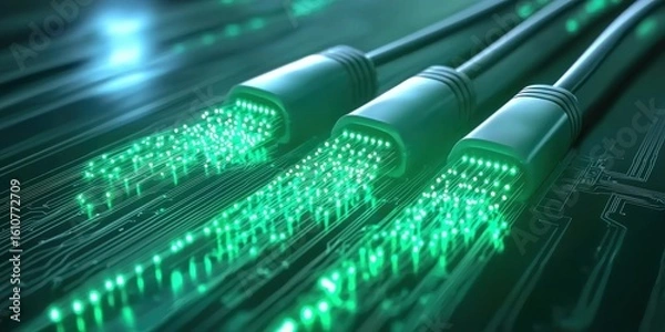 Obraz electricity current sustainability Concept. Digital cables emit green light, symbolizing connectivity and technology.