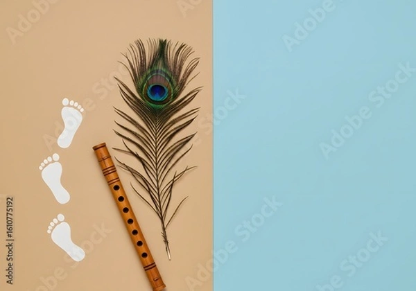 Obraz Krishna janmashtami photo of a peacock feather and a flute are placed next to baby footprints on a split background of beige and blue, evoking the divine presence and playful nature of lord krishna kr