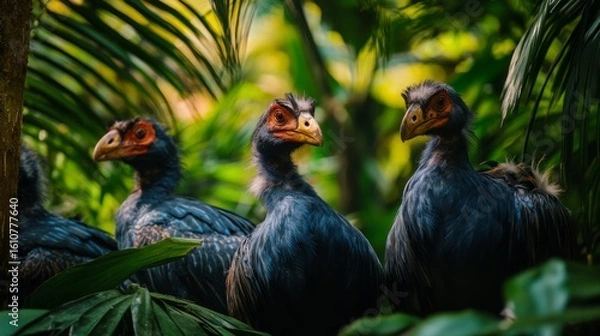 Fototapeta A group of exotic birds stands amidst vibrant green foliage. Each bird showcases unique features and colors. Discover the beauty of nature in this stunning scene. Generative AI