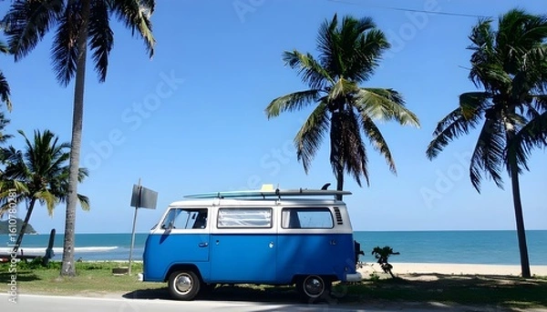 Fototapeta Classic blue van with surfboards on the roof parked by a tropical beach, surrounded by palm trees and a clear blue sky, capturing the essence of summer, freedom, and adventure.