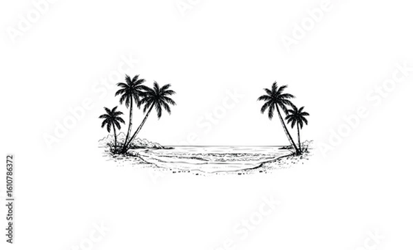 Fototapeta Tropical beach design with palm trees and ocean waves in black and white. Vector retro hand drawn illustration