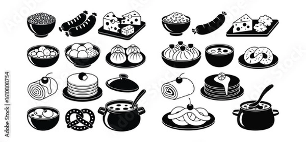 Fototapeta Black and white food icon set traditional and modern meal silhouette collection with white background