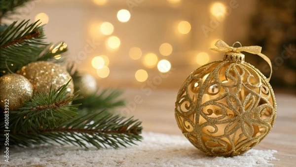 Fototapeta A festive Christmas scene with a golden ornament, pine branches, and blurred warm lights in the background.