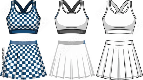 Obraz CAD drawing flat vector illustration of athletic wear sets, sports bras, pleated skirts, front and back views, fitness design layout, cheer outfit, stylish activewear, garment sketch