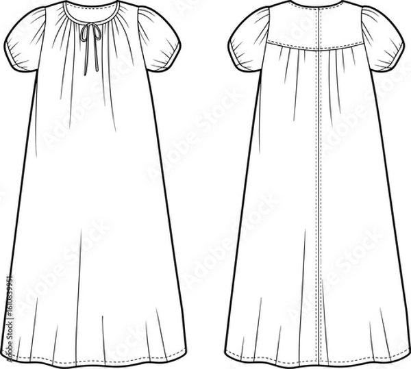Obraz CAD drawing flat vector illustration of baby nightgown dress with puff sleeves, front and back view, technical fashion sketch, sewing pattern template