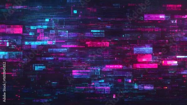 Fototapeta cyberpunk background with neon pink blue cyan and purple glow featuring glitches scanlines pixel distortion and corrupted circuits in a dark chaotic style