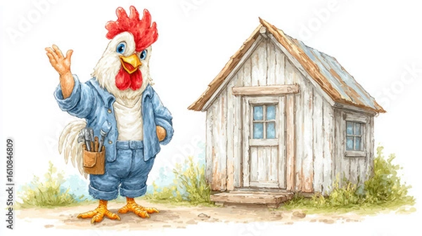 Fototapeta Colorful cartoon rooster as a carpenter building a chicken coop.