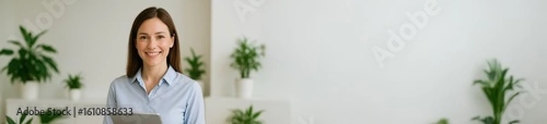 Fototapeta Banner  female receptionist smiling at camera while holding digital tablet at clean clinic reception desk, concept of patient care, appointment support, cognitive wellness