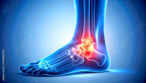 Fototapeta Human Ankle Pain & Injury: X-ray View of Foot Bones and Joint Inflammation