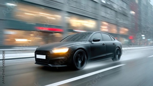 Fototapeta Sleek Black Car in Motion on Urban Street during Snowy Evening