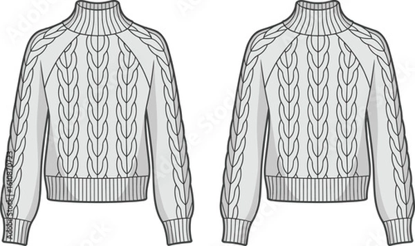 Fototapeta CAD drawing flat vector illustration of cable knit sweaters, high neckline design, ribbed hem and cuff details, cozy winter fashion styling, front view garment layout template