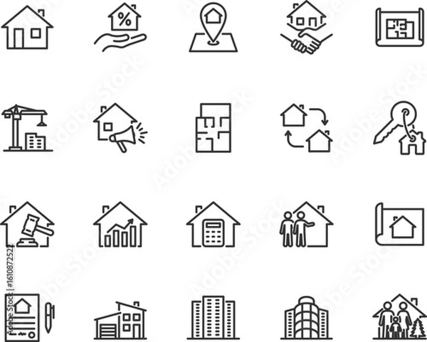 Fototapeta Vector set of real estate line icons. Contains icons  house, apartment, cottage, new building, mortgage,architectural plan and more. Pixel perfect.