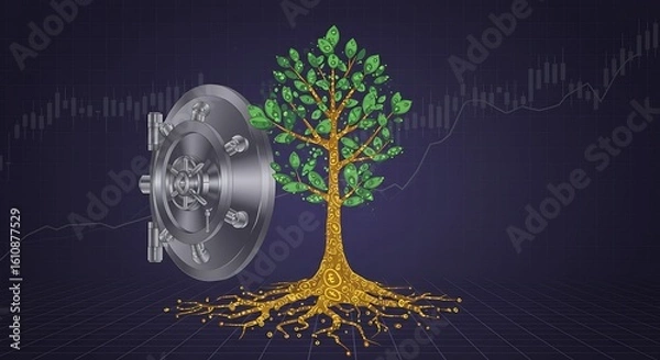 Fototapeta A conceptual illustration of a tree growing from a vault, symbolizing financial growth.