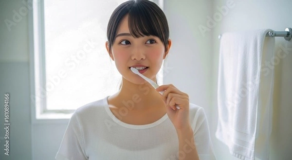 Obraz 朝の洗面所で歯磨きをする若い女性