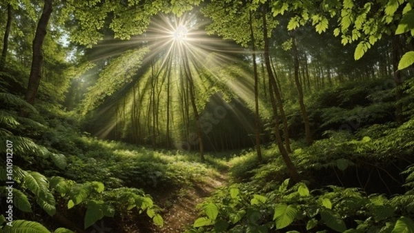 Obraz Magical Forest Path with Golden Sunlight