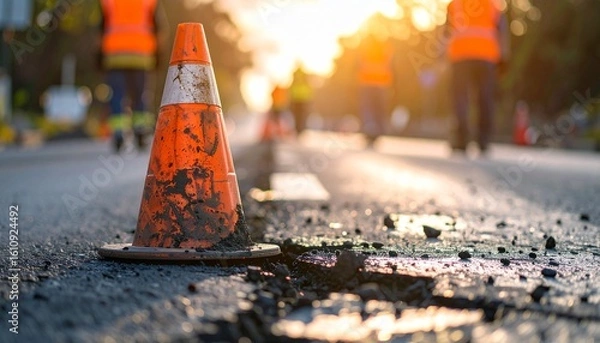Fototapeta Traffic cone and road workers at a construction site. An orange traffic cone stands in the foreground with road workers visible in the background