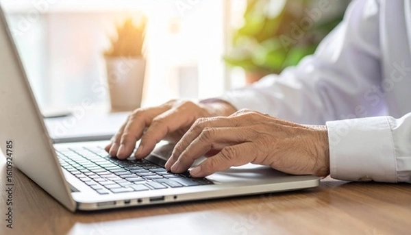 Obraz Person typing on a laptop, close-up of hands working on keyboard. The person is deeply focused on the task at hand