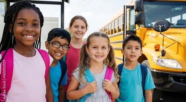 Obraz Group of smiling children standing in front of a yellow school bus wearing backpacks ready for school