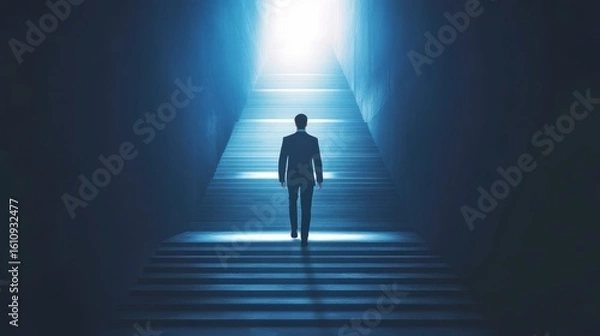 Fototapeta Businessman walking up illuminated stairs towards bright light, symbolizing success and future.
