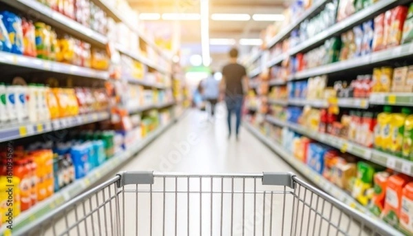 Fototapeta An empty shopping cart in front of a bright supermarket aisle with people shopping