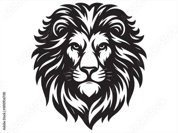 Fototapeta Majestic Lion Face Front View - Black and White Vector Line Art Illustration