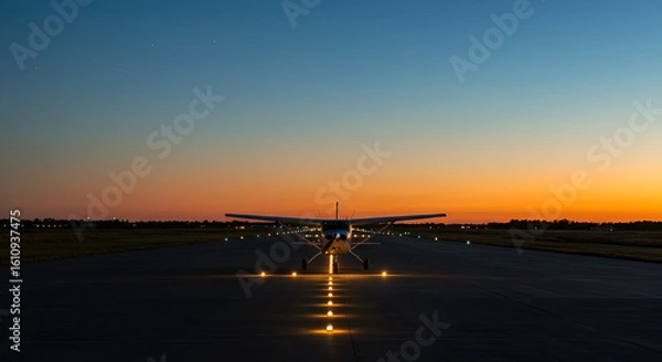 Fototapeta Plane awaits twilight departure on illuminated runway
