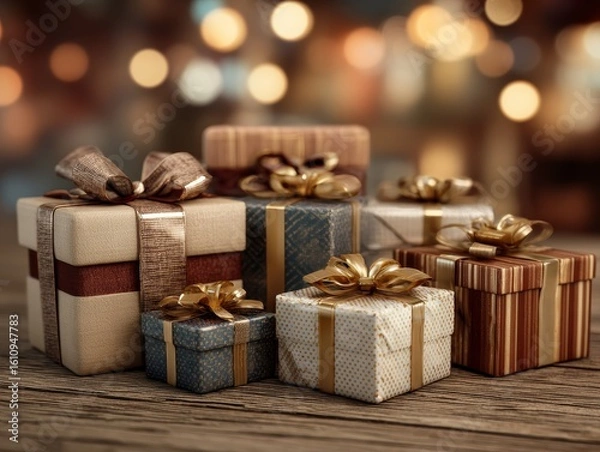 Obraz Elegantly wrapped gift boxes on wooden surface, warm lighting, festive atmosphere for corporate celebrations or special events, photo-realistic arrangement.