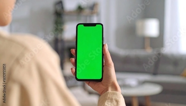 Fototapeta Woman's hand holds smartphone with green screen, blurred home background