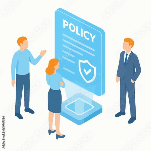 Fototapeta Isometric Illustration of People Discussing Company Policy Documentation on Platform