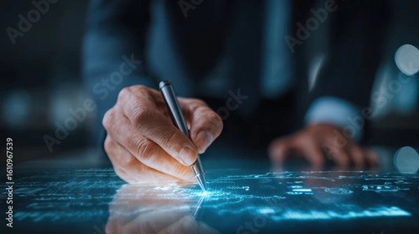 Fototapeta Businessman approves budget proposal with determination, feeling confident and decisive as he reviews financial details with pen