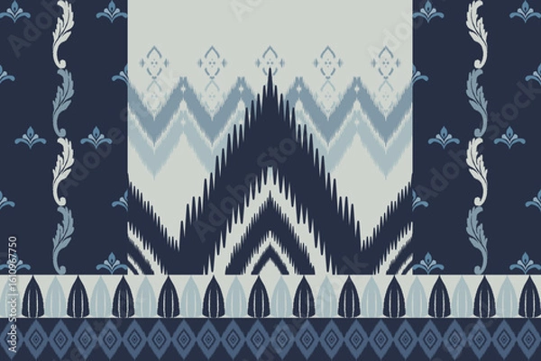 Fototapeta Seamless indigo ikat patterns in ethnic tribal style, featuring geometric diamond shapes and woven texture in blue tones.