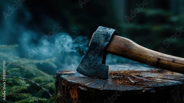 Fototapeta Axe rests on a wooden stump in a forest clearing with smoky mist rising around it