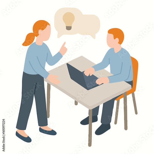 Fototapeta Flat Isometric Brainstorming Session with Idea Light Bulb in Office Illustration