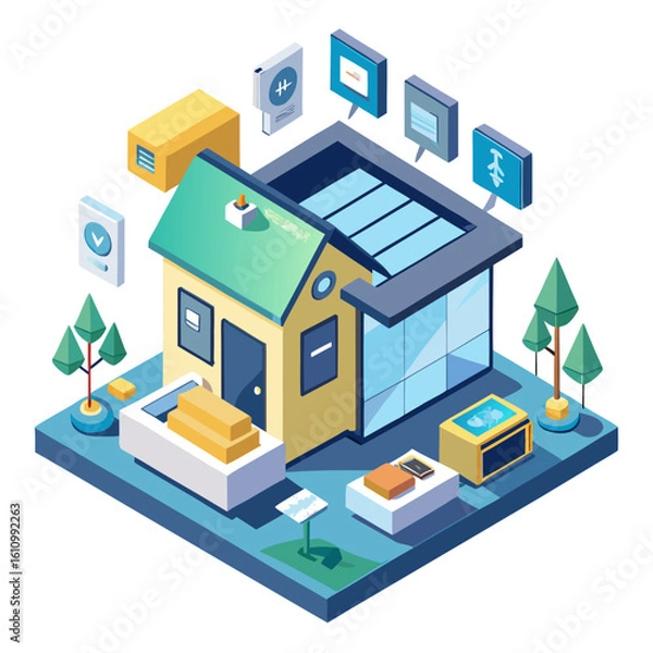 Obraz Isometric smart home with digital icons and solar panels isolated on white background